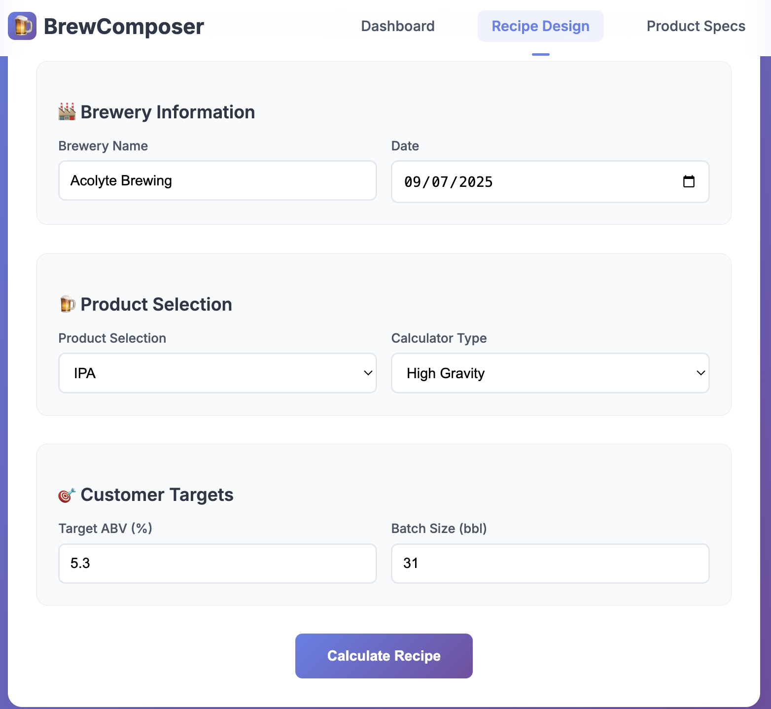 BrewComposer Self-Service Application Screenshot